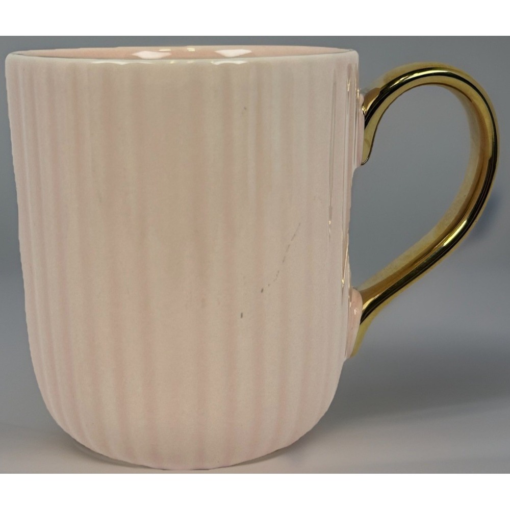 Pink Ribbed Ceramic Coffee Mug Gold Handle Blush Modern Coffee Tea Cup